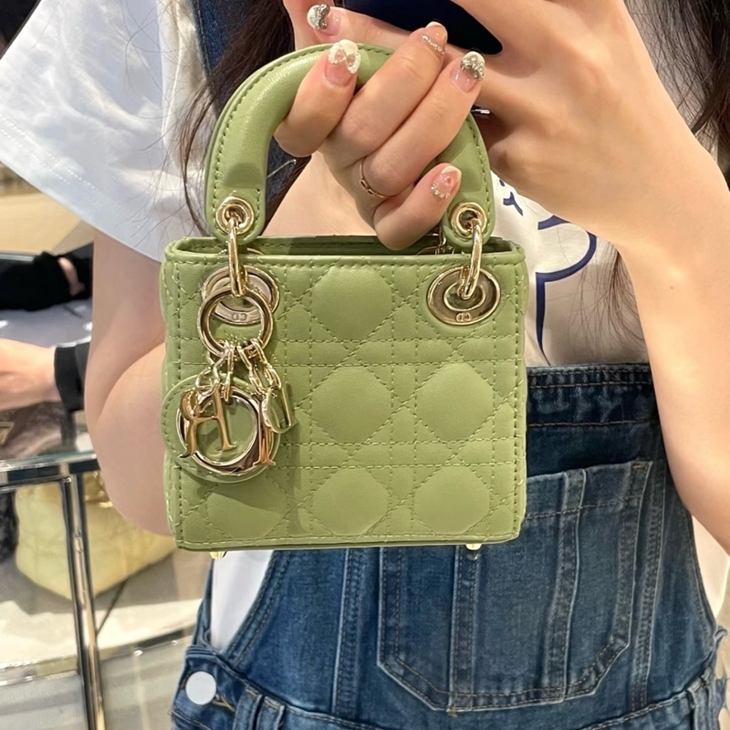 🥑99新Dior迪奧戴妃三格超mini牛油果綠手提包斜挎包 22年 金扣 附件：肩帶-8