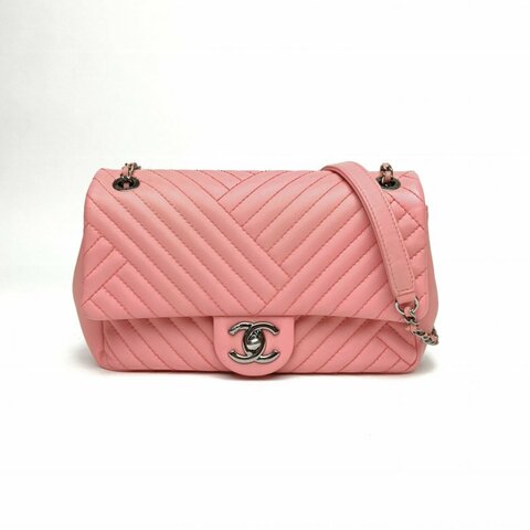 CHANEL 粉色羊皮21開銀扣CF口蓋包小號斜紋肩背包
