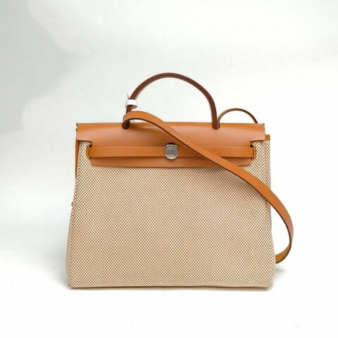 HERMES Herbag31米色拼天然色帆布/牛皮Y刻銀扣肩背包
