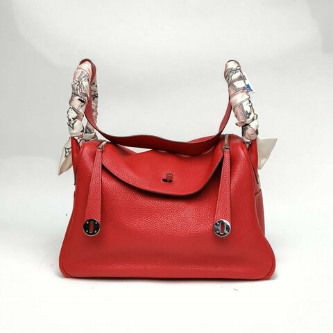 HERMES Lindy34國旗紅TC皮框Q銀扣肩背包