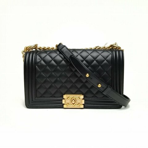 CHANEL Leboy中號25黑色羊皮24開金扣菱格紋肩背包