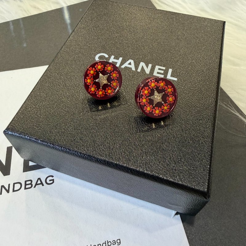CHANEL酒紅花朵星星圓形耳環-2