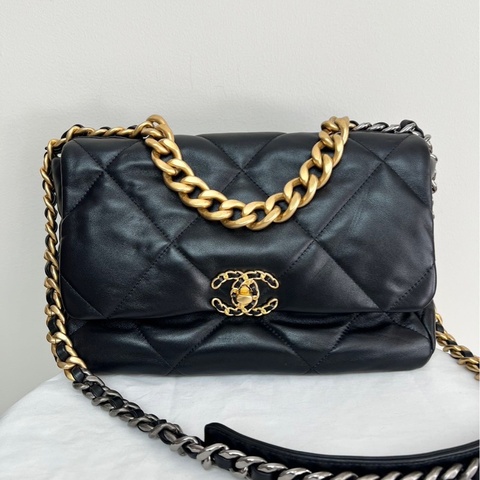 ✨99新 Chanel香奈兒 19bag中號 單肩包斜挎包 黑金 21年 芯片