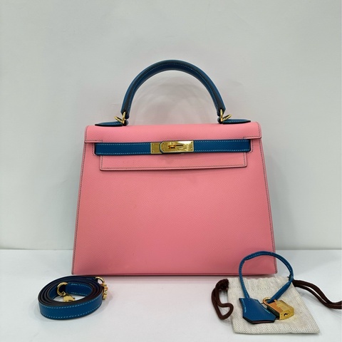 Hermes 愛馬仕 kelly28 奶昔粉拼藍雙拼色 epsom皮 金扣 X刻