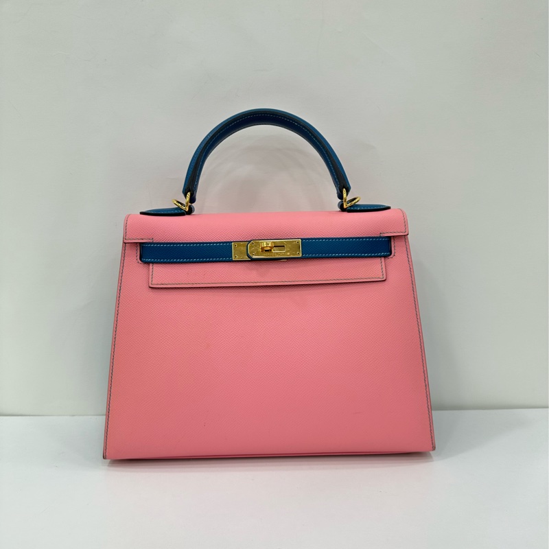 Hermes 愛馬仕 kelly28 奶昔粉拼藍雙拼色 epsom皮 金扣 X刻-1