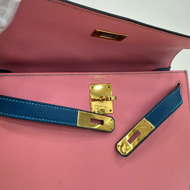 Hermes 愛馬仕 kelly28 奶昔粉拼藍雙拼色 epsom皮 金扣 X刻-6