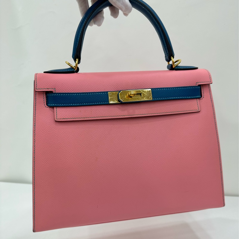 Hermes 愛馬仕 kelly28 奶昔粉拼藍雙拼色 epsom皮 金扣 X刻-7