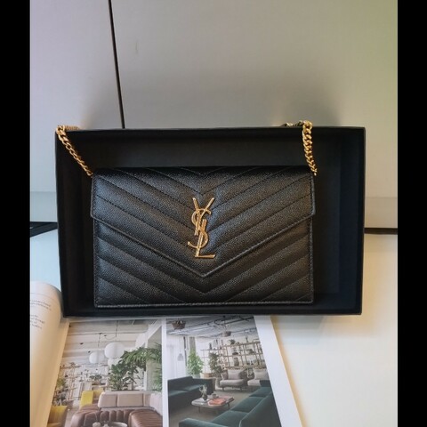 YSL 金鍊黑荔枝皮V格紋鍊帶小包 WOC