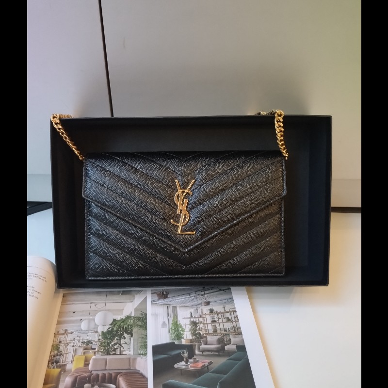 YSL 金鍊黑荔枝皮V格紋鍊帶小包 WOC-0