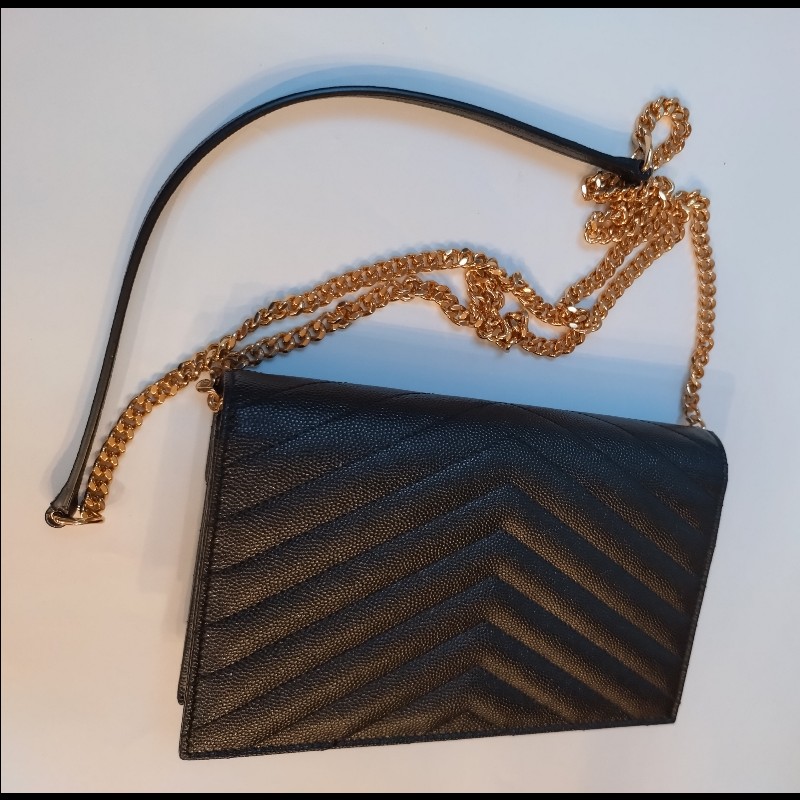 YSL 金鍊黑荔枝皮V格紋鍊帶小包 WOC-4