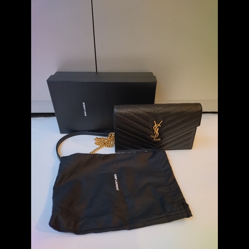 YSL 金鍊黑荔枝皮V格紋鍊帶小包 WOC-6