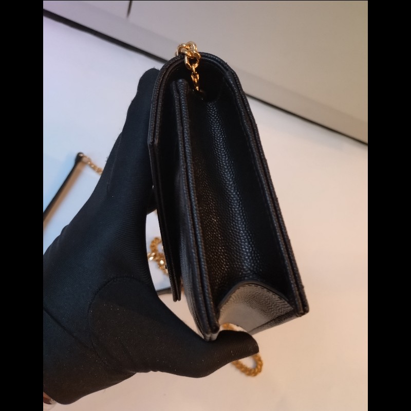 YSL 金鍊黑荔枝皮V格紋鍊帶小包 WOC-9