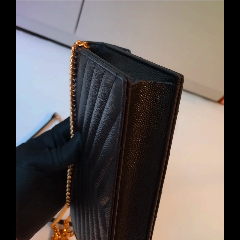 YSL 金鍊黑荔枝皮V格紋鍊帶小包 WOC-11