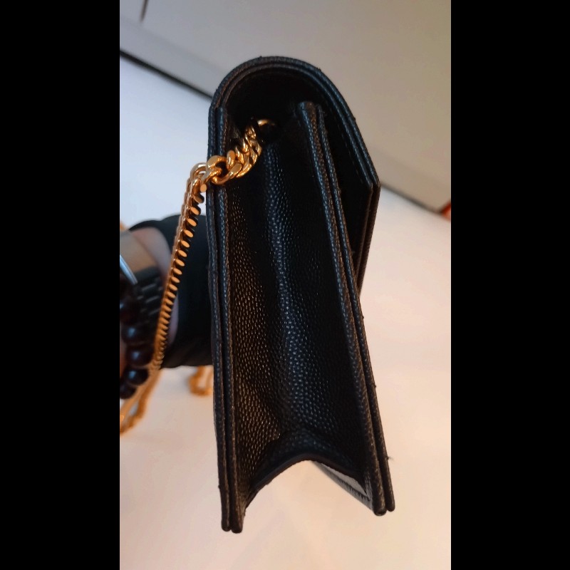 YSL 金鍊黑荔枝皮V格紋鍊帶小包 WOC-12