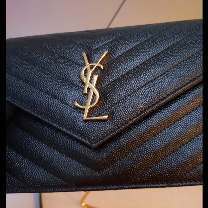 YSL 金鍊黑荔枝皮V格紋鍊帶小包 WOC-14
