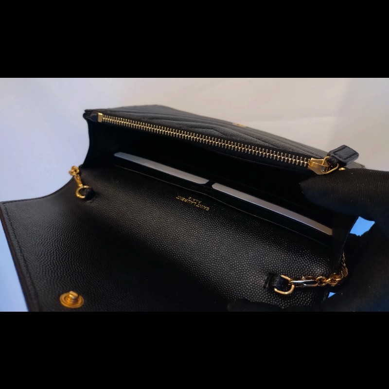 YSL 金鍊黑荔枝皮V格紋鍊帶小包 WOC-18