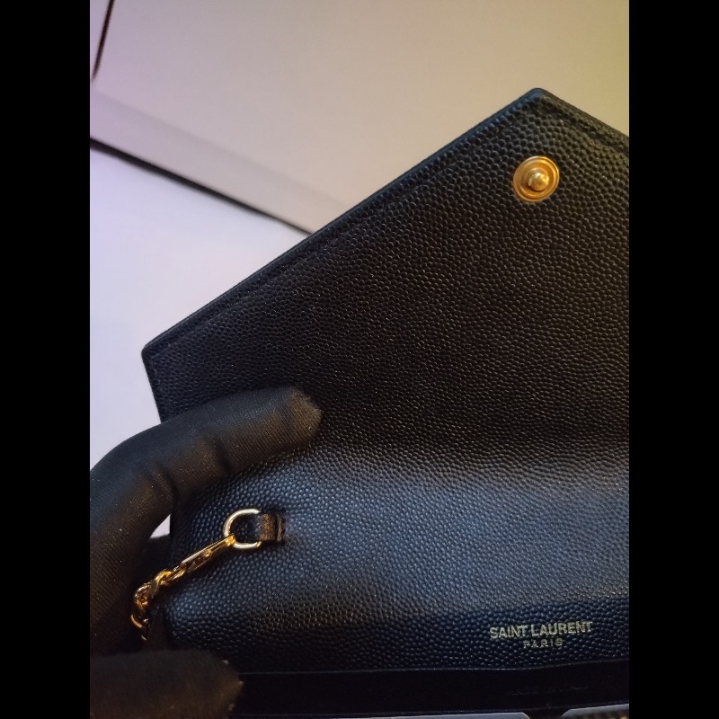 YSL 金鍊黑荔枝皮V格紋鍊帶小包 WOC-19