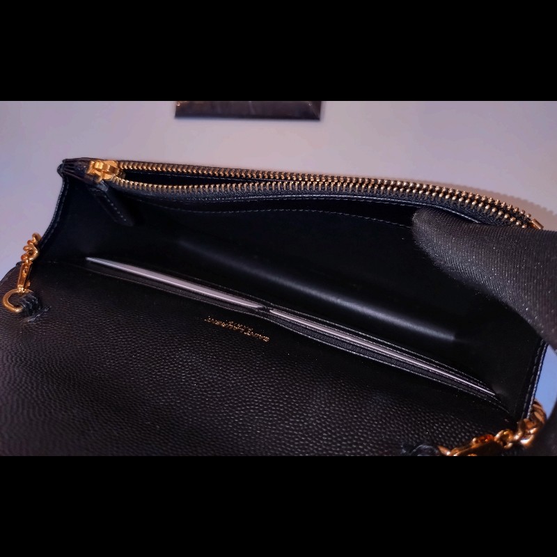 YSL 金鍊黑荔枝皮V格紋鍊帶小包 WOC-22