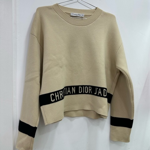 Christian Dior/迪奧 米色Logo條紋羊絨 毛衣 36碼