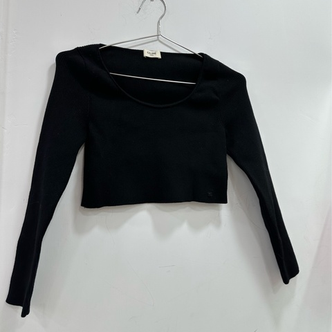 Celine/賽琳 黑色凱旋門logo短版針織衫 M碼