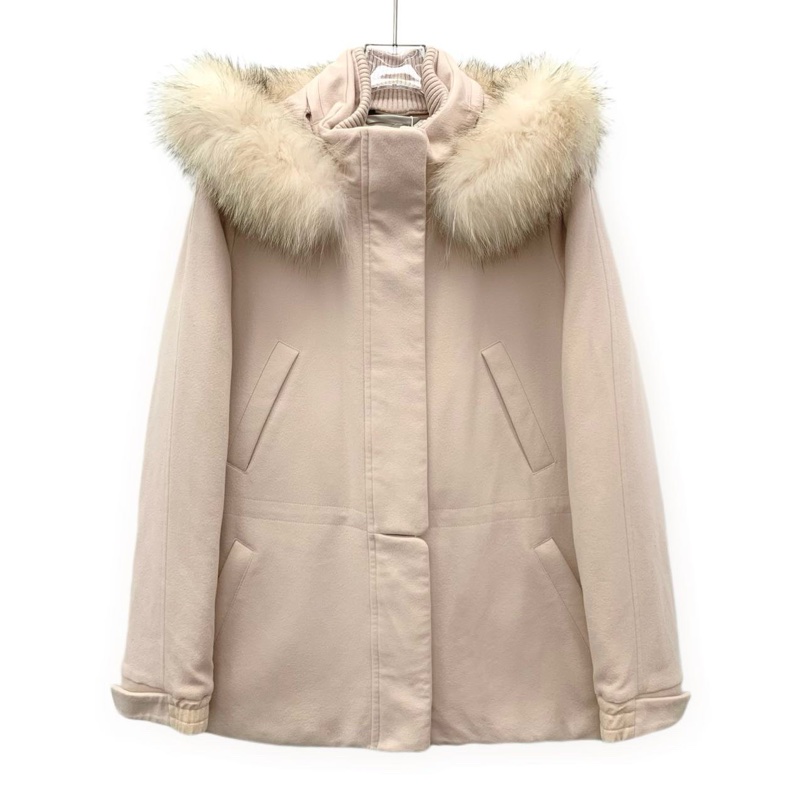 Loro Piana 粉色山羊绒连帽毛领长袖大衣外套 42码-0