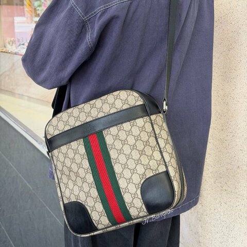 JS1404-GUCCI側背包黑牛皮拚PVC LOGO387511