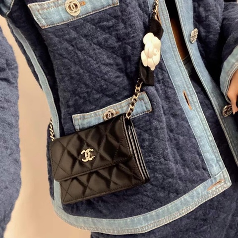 【全新大全套✨罕見款式❤️】Chanel香奈兒 山茶花蝴蝶結鏈條包 黑色緞面mini woc