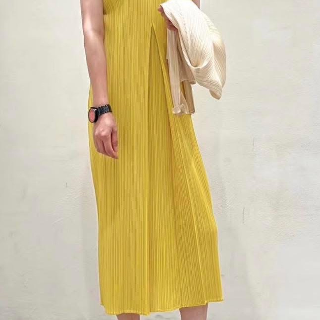 三宅一生ISSEY MIYAKE PLEATS PLEASE夏日檸檬黃V領洋裝-1