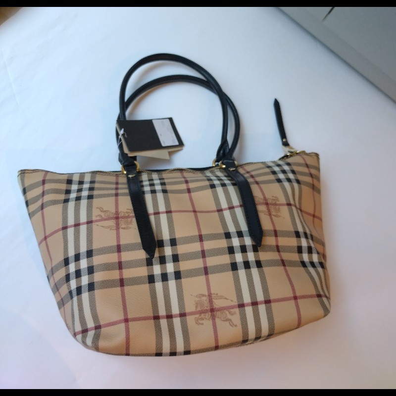 Burberry 黑把英系格紋PVC 扇形托特包-4