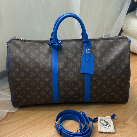全新LV Keepall 50 拼寶藍色老花旅行袋✨最新晶片款