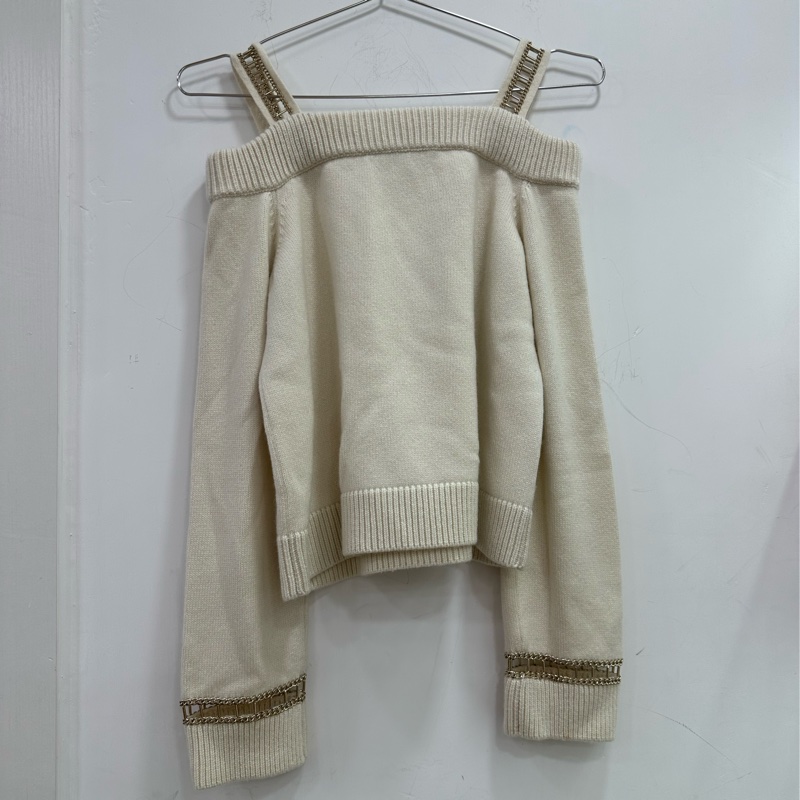 Chanel 鏈條白色羊絨露肩針織衫 34碼-1