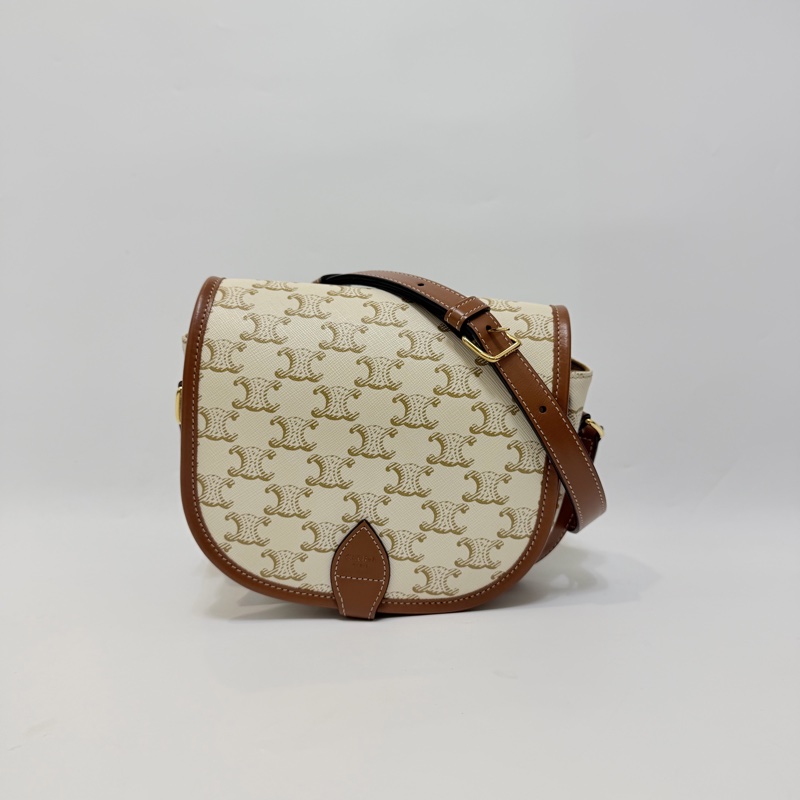 Lisa同款Celine 米白馬鞍包PVC咖牛皮邊金釦Medium folco-2