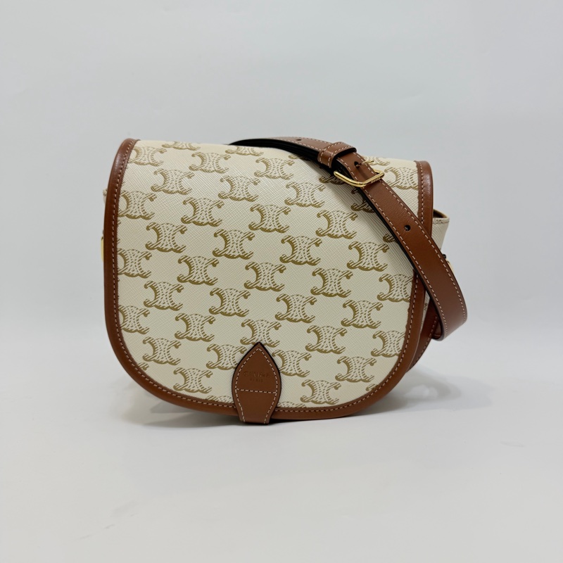 Lisa同款Celine 米白馬鞍包PVC咖牛皮邊金釦Medium folco-5
