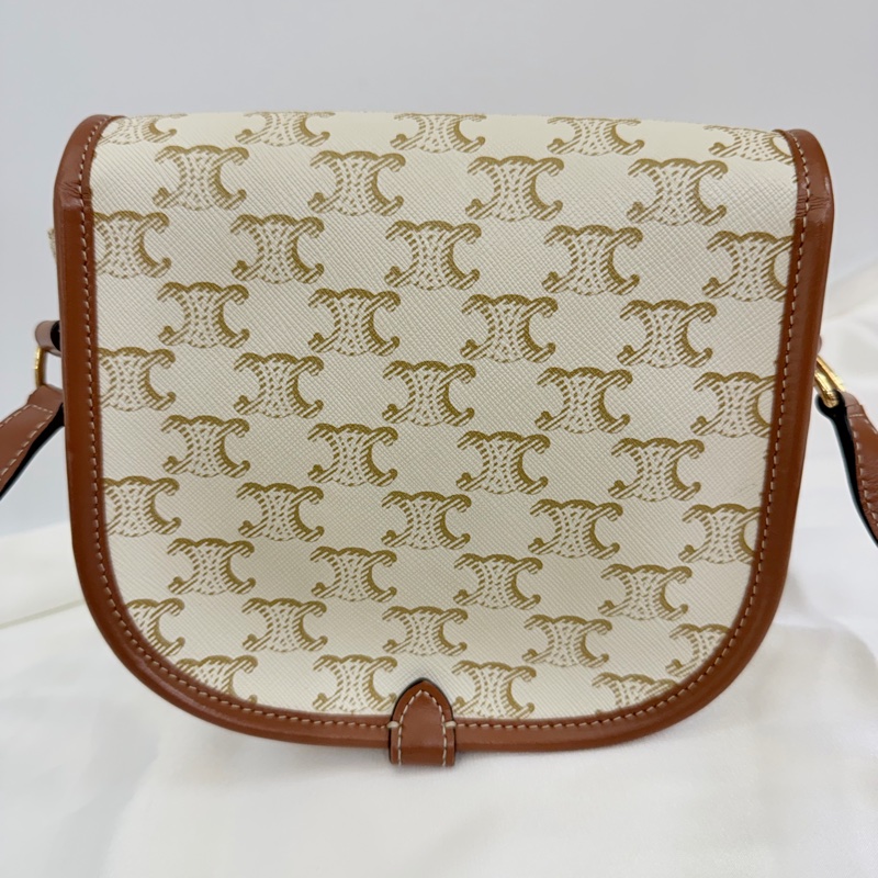 Lisa同款Celine 米白馬鞍包PVC咖牛皮邊金釦Medium folco-11