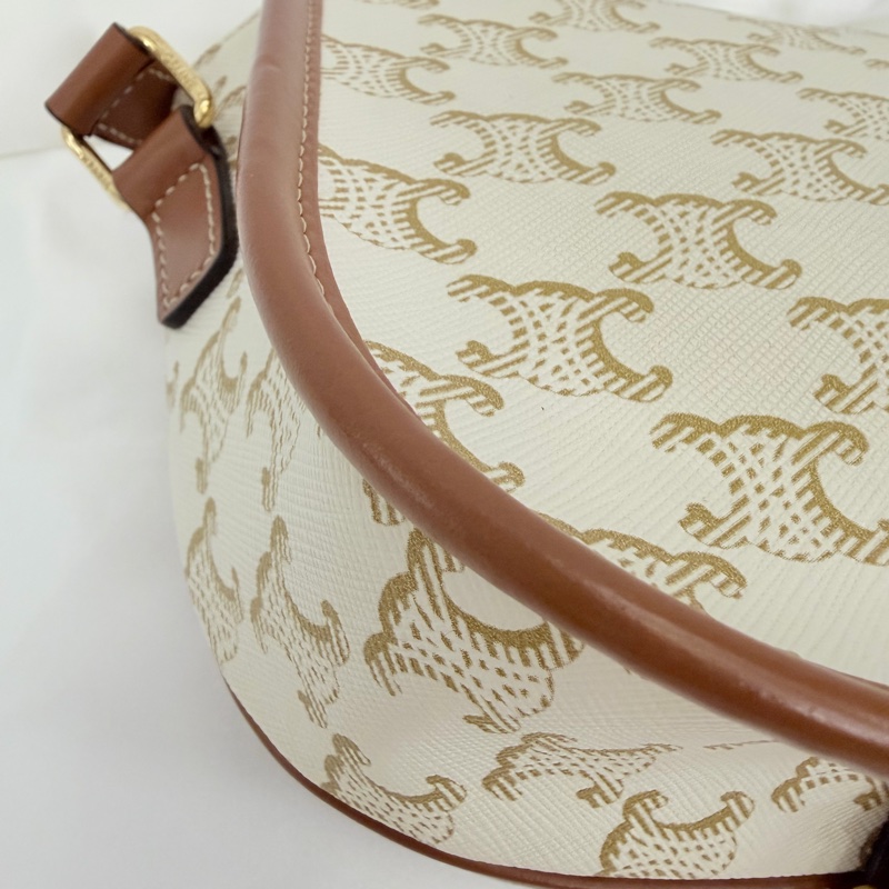 Lisa同款Celine 米白馬鞍包PVC咖牛皮邊金釦Medium folco-14