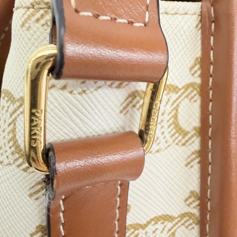 Lisa同款Celine 米白馬鞍包PVC咖牛皮邊金釦Medium folco-39