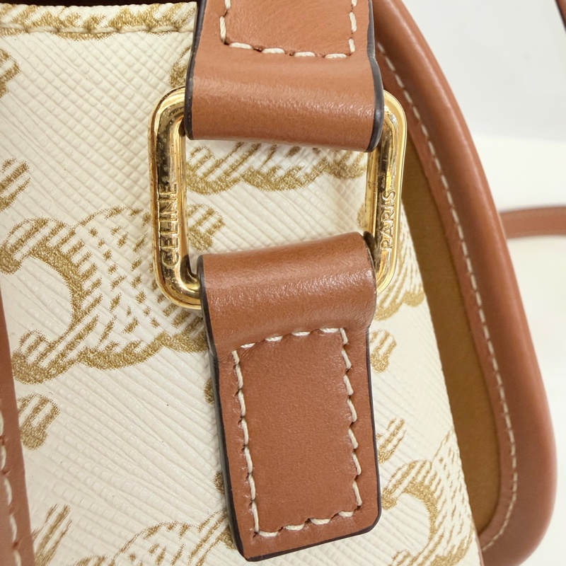Lisa同款Celine 米白馬鞍包PVC咖牛皮邊金釦Medium folco-63