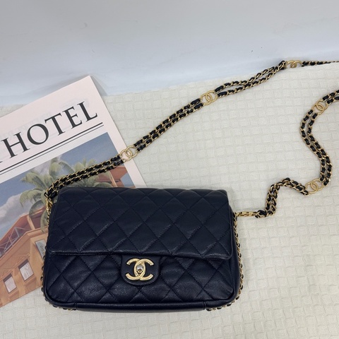 Chanel  CF深藍色荔枝牛皮金釦雙穿鍊拼雙 C logo 金屬環斜背包