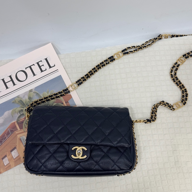Chanel CF20 深藍色荔枝牛皮金釦雙穿鍊拼雙 C logo 金屬環斜背包-0