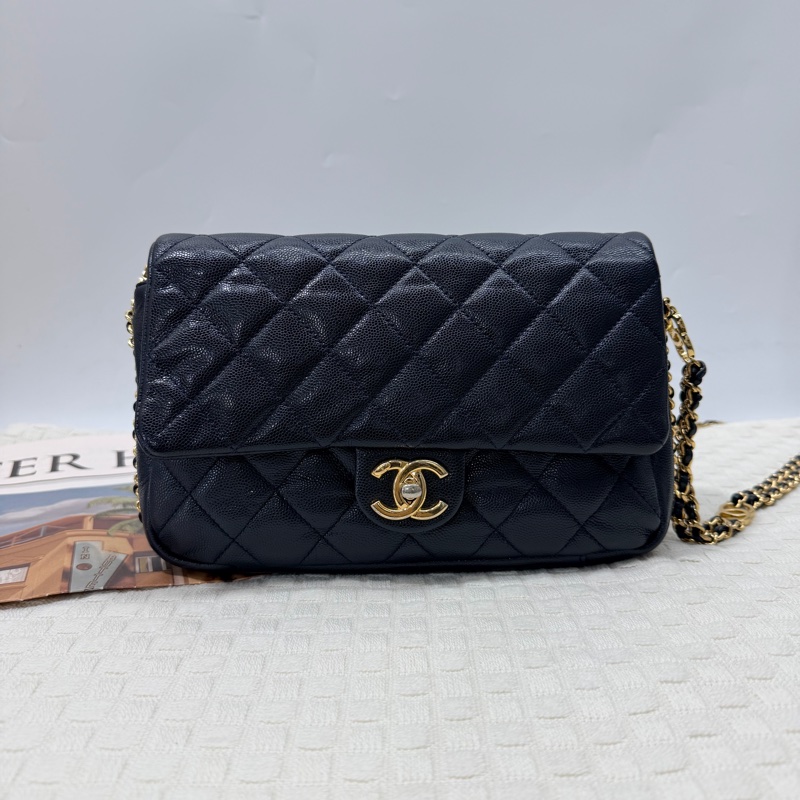 Chanel CF20 深藍色荔枝牛皮金釦雙穿鍊拼雙 C logo 金屬環斜背包-1