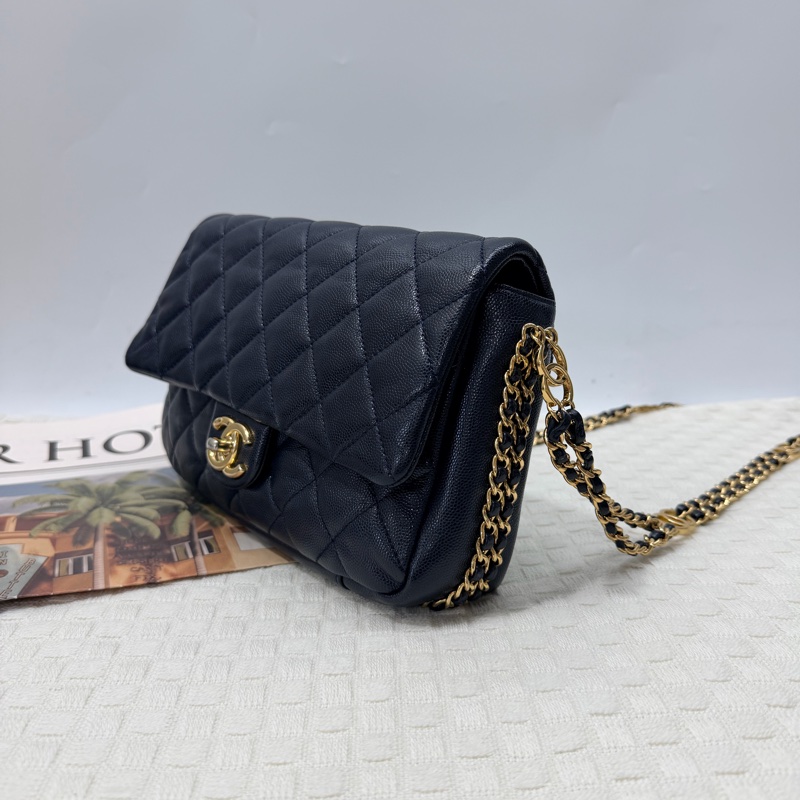 Chanel CF20 深藍色荔枝牛皮金釦雙穿鍊拼雙 C logo 金屬環斜背包-2