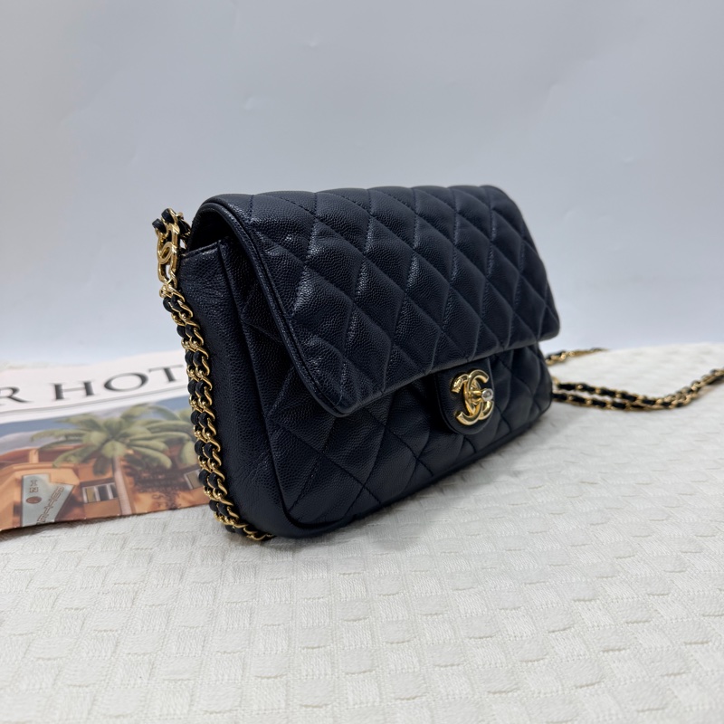 Chanel CF20 深藍色荔枝牛皮金釦雙穿鍊拼雙 C logo 金屬環斜背包-3
