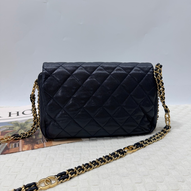 Chanel CF20 深藍色荔枝牛皮金釦雙穿鍊拼雙 C logo 金屬環斜背包-5