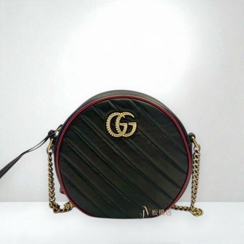 JS1440-GUCCI GG Marmont黑牛皮紅邊圓餅包550154