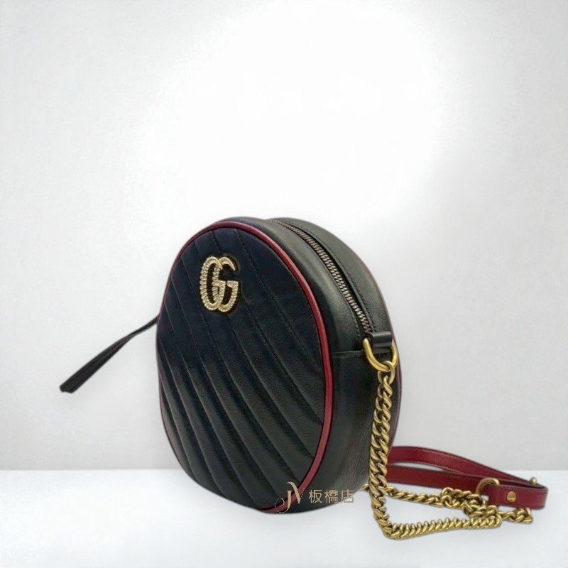 JS1440-GUCCI GG Marmont黑牛皮紅邊圓餅包550154-1