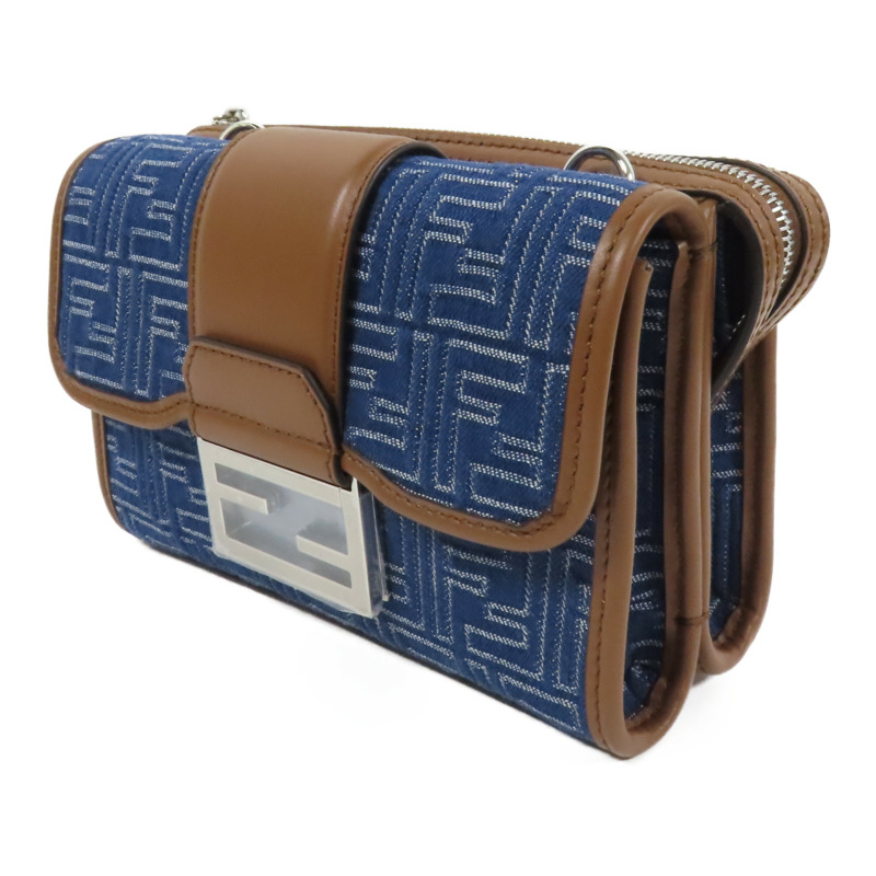 FENDI 【激減優惠】帆布Double Baguette銀扣肩背袋藍色/棕色-2