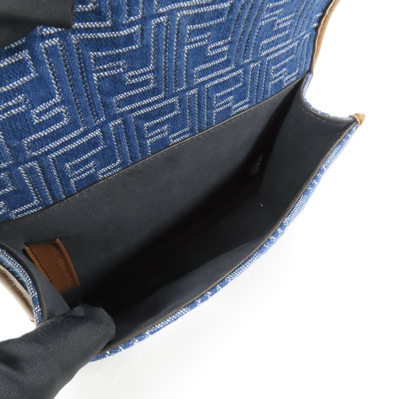 FENDI 【激減優惠】帆布Double Baguette銀扣肩背袋藍色/棕色-4