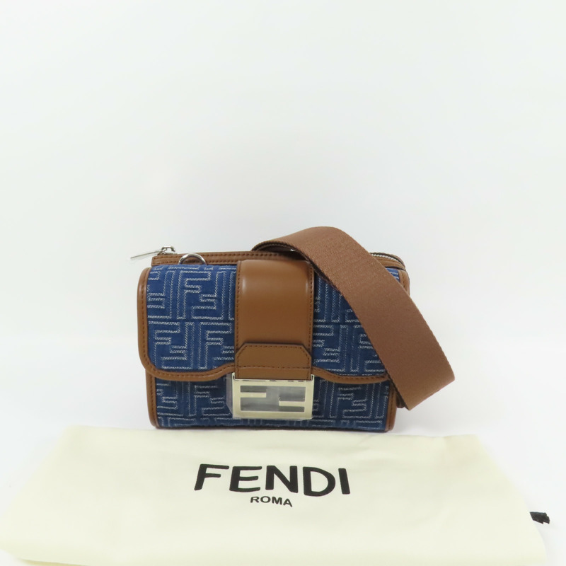 FENDI 【激減優惠】帆布Double Baguette銀扣肩背袋藍色/棕色-7