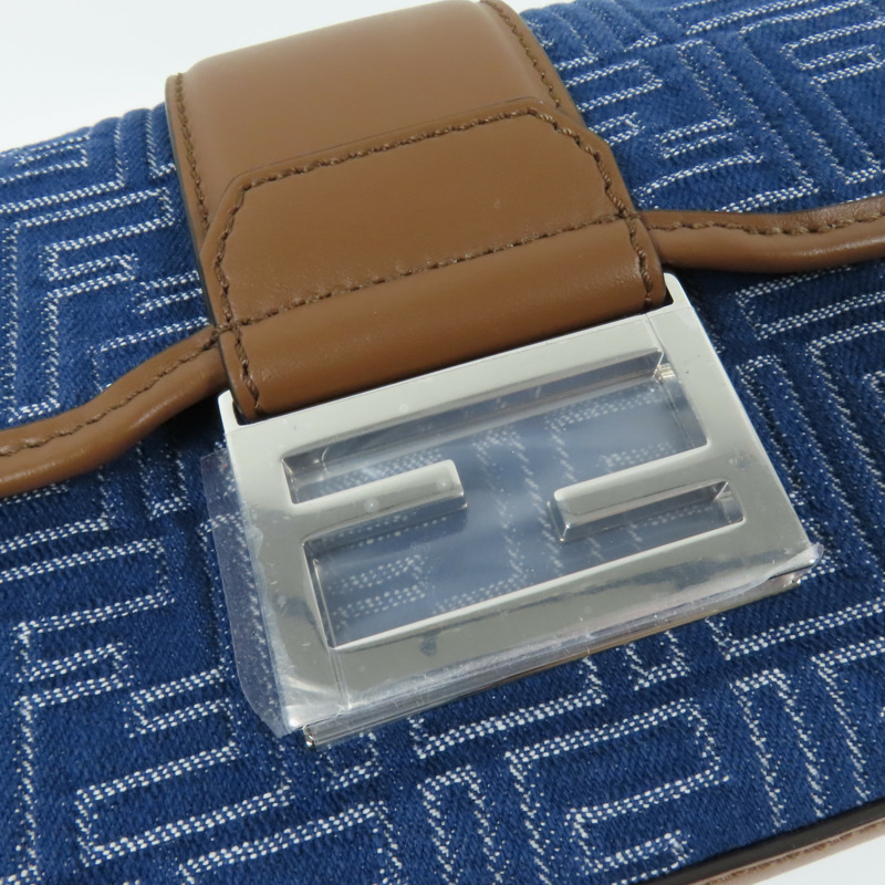 FENDI 【激減優惠】帆布Double Baguette銀扣肩背袋藍色/棕色-13