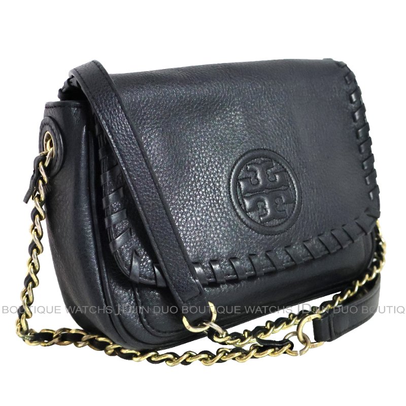 金鐸精品~2530 TORY BURCH TB深藍色小牛皮翻蓋編織鏈條側肩背包-2